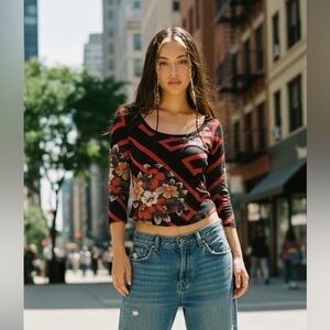 Custo Barcelona Y2K Floral Patterned Black & Red Euro Top